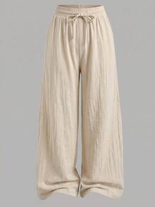 SHEIN Teen Girl Casual Versatile Solid Color Wide Leg Long Pants - Apricot - View 3