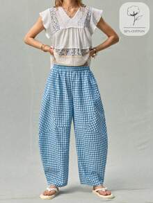SHEIN 女款 2026 夏季新款波希米亞復古藍色格紋寬鬆燈籠泡泡褲，九分長，棉質紋理泡泡格紋布料；彈性腰頭設計適合各種身型，寬鬆燈籠廓形休閒自在，捲邊設計增添細節與層次感，適合日常出遊、休閒穿搭、慵懶度假，完美營造波希米亞悠閒氛圍，波希米亞燈籠褲，格紋九分褲，舒適夏季長褲 - 藍色 - 查看 8
