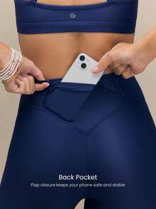 GLOWMODE 24" GlossFit Shiny High-Rise Leggings With Back Waist Pocket Flap Secure Phone Storage Mesh Sandwich Waistband Anti-Slip Structure Yoga Pilates - Dark Blue - View 4