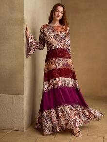 MOTF PREMIUM WOMEN'S PRINTED LACE PATCHWORK BELL SLEEVE DRESS, AUTUMN/WINTER - Multicolor - View 3