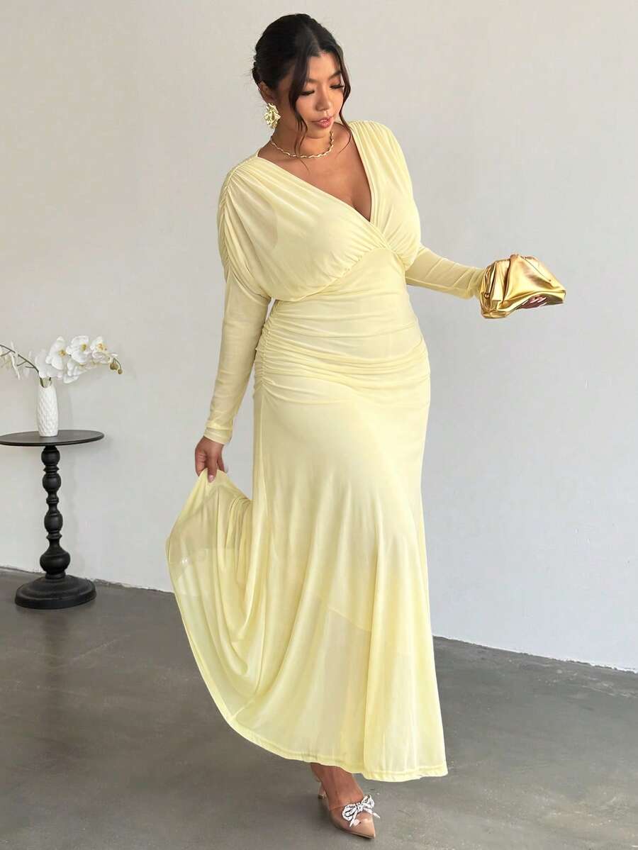 Firerie Plus Size Autumn/Winter Comfortable Casual Elegant Vacation Textured Fabric Ruched Long Sleeve V-Neck Elastic Waist Flared Hem Women's Long Dress Fall