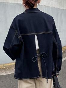 FRIFUL Jaket Denim Lengan Panjang Kancing Tunggal dengan Dua Saku, Serbaguna, untuk Wanita, Cocok untuk Musim Gugur. - Biru - View 9