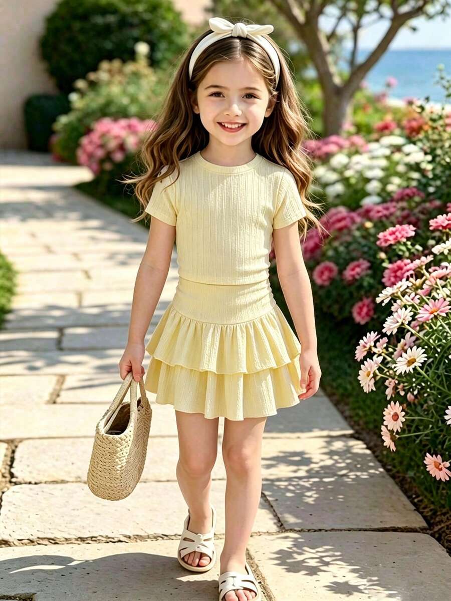 Genkimix Kids 女童刺繡圓領短袖紋理針織T恤與甜美蛋糕裙套裝，適合日常休閒、清新夏季度假、海灘、外出，可愛甜美穿搭
