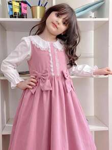 SHEIN Young Girl 3D蝴蝶結裝飾蕾絲拼接洋裝 - 粉色 - 查看 2