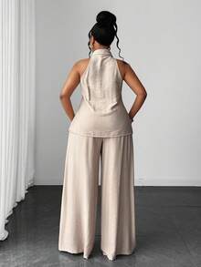 Maweii Plus Size Chinese Style Frog Button Vest & Long Pants Elegant Suit Set - Camel - View 6