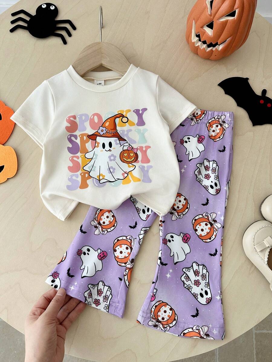 SHEIN Playful Pals 2件組女嬰休閒可愛日系萬聖節幽靈臉南瓜圖案短袖圓領T恤與鬆緊腰喇叭長褲套裝 - 紫色 - 查看 1