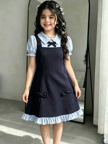 少女波點印花白色泡泡短袖收腰A字版型蝴蝶結設計拼接洋裝 - 藍色 - 查看 11