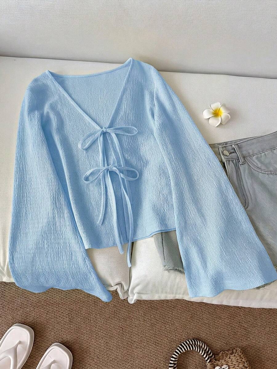 SHEIN 青少年女孩休閒可愛純色寬鬆前綁帶喇叭袖上衣,適合度假、返校、教師日常穿著,藍色、黃色,秋季婚禮 - 藍色 - 查看 1