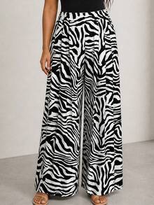 ELLERISSA Curve Elegant Black And White Zebra Print Pleated Wide Leg Trouser For Women,High Waist Palazzo Pants For Autumn Holiday Vacation Holiday - Black and White - View 3