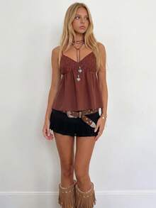 Sundraya Women's Lace Patchwork Casual Sexy Versatile Party Golf Camisole Pastal Summer - Coffee Brown - View 4
