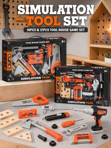 MINKOJA 16Pcs & 17Pcs Simulation Building Tool Set, Role-Playing Hardware Set, Including Drills, Saws, Wrenches, Wooden Blocks And Building Models, Suitable For DIY Assembly Role-Playing Game Toys. - Multicolor - View 2
