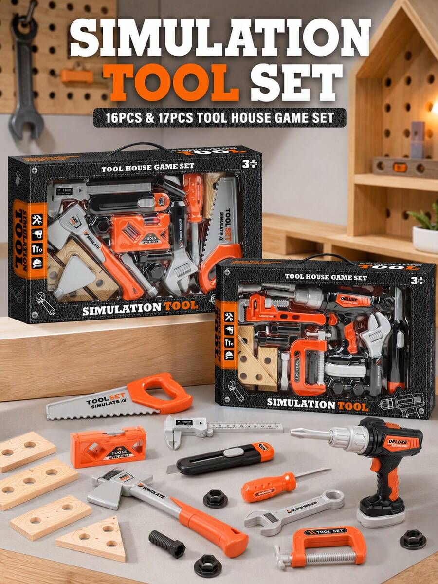 MINKOJA 16Pcs & 17Pcs Simulation Building Tool Set, Role-Playing Hardware Set, Including Drills, Saws, Wrenches, Wooden Blocks And Building Models, Suitable For DIY Assembly Role-Playing Game Toys.