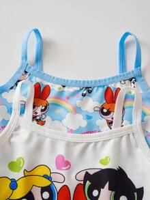 THE POWERPUFF GIRLS X SHEIN Young Girl Cartoon Print Casual Daily Wear Camisole Tank Top - Blue and White - View 4