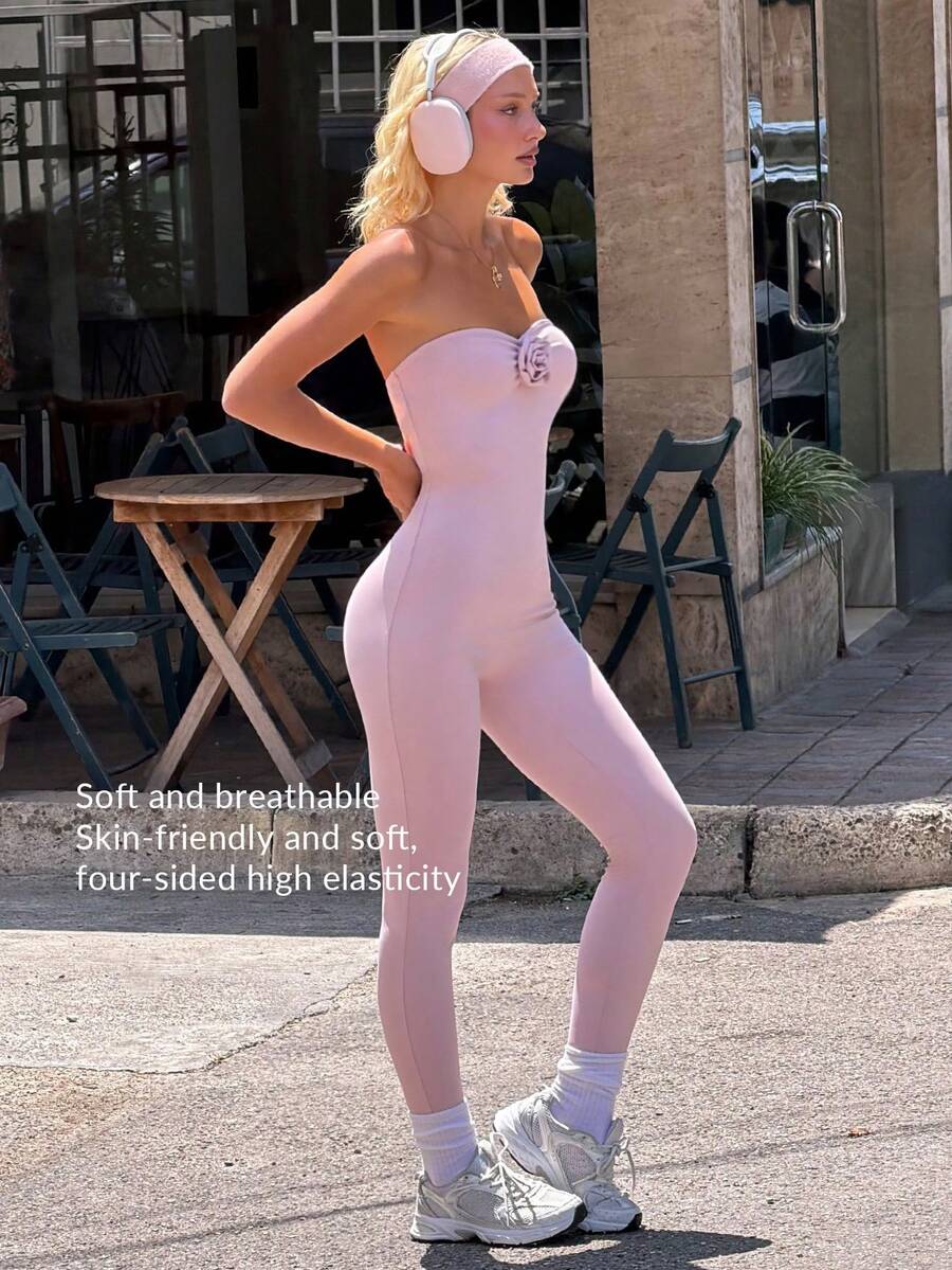 Fluxe 女款純色3D花朵裝飾抹胸式運動連身褲