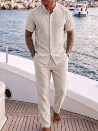 VENTUSAIL Men's Summer Thin Solid Color Linen Textured Stand Collar Casual Vacation Slim Fit Short Sleeve Shirt & Elastic Waist Casual Long Pants Set