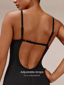 GLOWMODE 4.3" FeatherFit™ How Low Can You Go Two-Tone Low Back Bodysuit With Adjustable Straps & Removable Cups Yoga Pilates Studio Summer Wear - Black - View 3