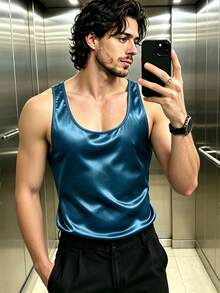 Manfinity Dauomo Men's Satin Sleeveless Tank Top - Navy Blue - View 2
