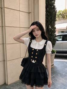 SHEIN MOD Women's Solid Color Lace Patchwork Multi-Layer Skirt - Black - View 4