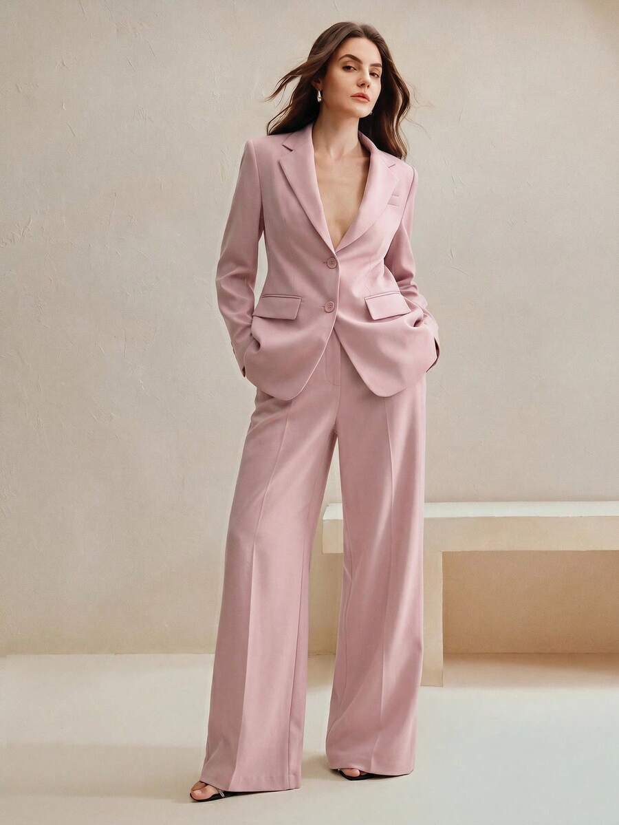 SHEIN x Tata & Beatriz Anewsta 都市現代女裝套裝,老錢風,純色,多巴胺配色,專業通勤休閒百搭西裝外套 + 直筒西裝長褲 2 件組 - 淺粉色 - 查看 1
