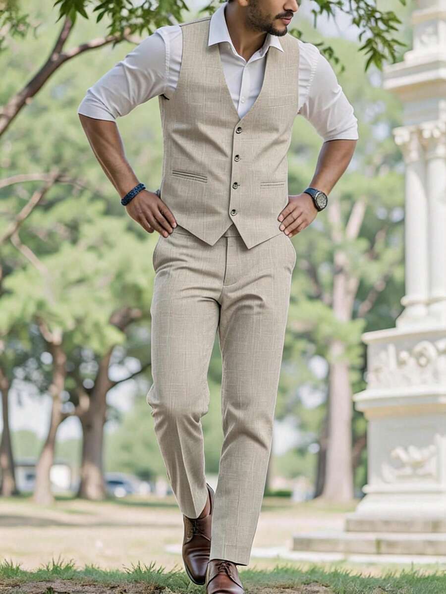 Manfinity Mode 男士商務正式鈕扣前開式背心西裝外套與修身長褲 2 件套西裝服飾 - 杏色 - 查看 1