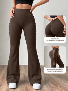 SHEIN Sports Women's Solid Color High Waist Ruched Hip Flared Butt Lifting Leggings - Brown - View 2