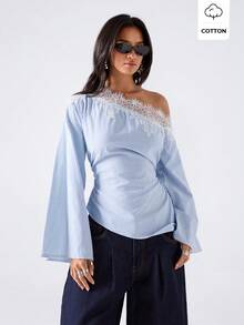 LYSMO Blusa de mujer con patchwork de encaje y rayas, casual elegante versátil para uso diario, oficina, brunch, conjuntos para salir, top combinable azul y blanco a rayas otoño - Azul - Ver 7