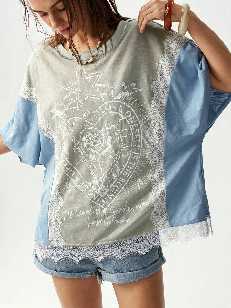 Bohemela 大尺碼女款蕾絲拼接休閒百搭日常穿搭T恤 - 深灰色 - 查看 1