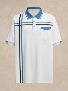 Courvante Men Plus Size Summer Golf Polo Shirt,Blue And White Stripe Color Block Short Sleeve Top,Business Fashion Smart Casual Comfortable Office Wear - White - View 3