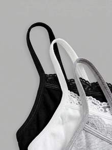 SHEIN Girlism 青少年女孩 3件組 黑白灰簡約V領背心、墊肩內衣與賽車背心內褲套裝，舒適素色，春夏居家，Clean Girl/美式風格，青春 - 彩色 - 查看 9