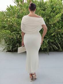 MDEdit White Off Shoulder Ruched Fitted Elegant Elegant Elegant Dress, Tight Fitted Dress, Flowing Dress Wedding Formal Dinner Special Occasion Summer - Apricot - View 2
