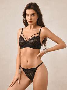 Hourtrue 1 Set Women's Black Lace Patchwork Thin Cup Underwire Comfortable Lingerie Set - Black - View 3