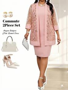 Fleurora Plus Size Women Solid Color Round Neck Dress And Cardigan Fashion Elegant 2-Piece Set Wedding Dinner Formal Pink Autumn Fall - Coral Pink - View 4