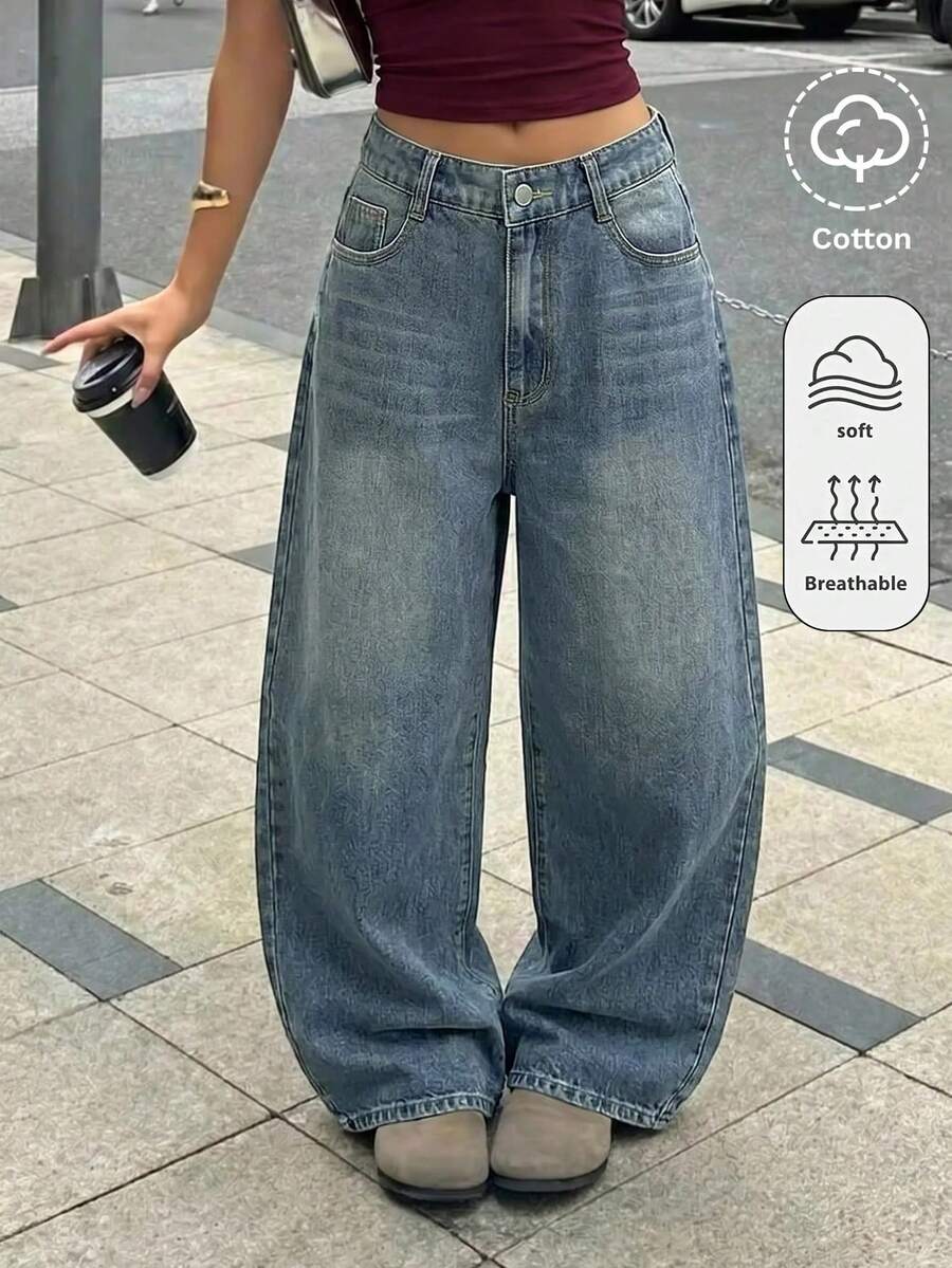 SHEIN 青少年女孩復古藍色牛仔寬鬆寬腿褲 - 中等水洗藍 - 查看 1