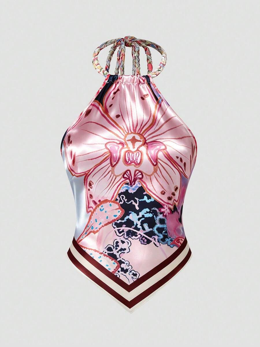 Sweetra 大尺碼女款新品甜美波希米亞風優雅外穿掛脖上衣,緹花布料設計掛脖綁帶短版上衣,休閒百搭夏季款 - 彩色 - 查看 1