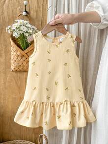 SHEIN Vintaside Kids 女嬰春夏梭織寬鬆蝴蝶結無袖洋裝，簡約田園女孩風，拼接寬鬆荷葉邊魚尾裙襬，適合日常外出、上學、生日派對與居家休閒 - 黃色 - 查看 6