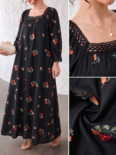 Yasmyna Square Neck Printed Lace Trim Hollow Out Cute Sweet Loose Fit Youthful Long Sleeve Women's Long Floral Dress