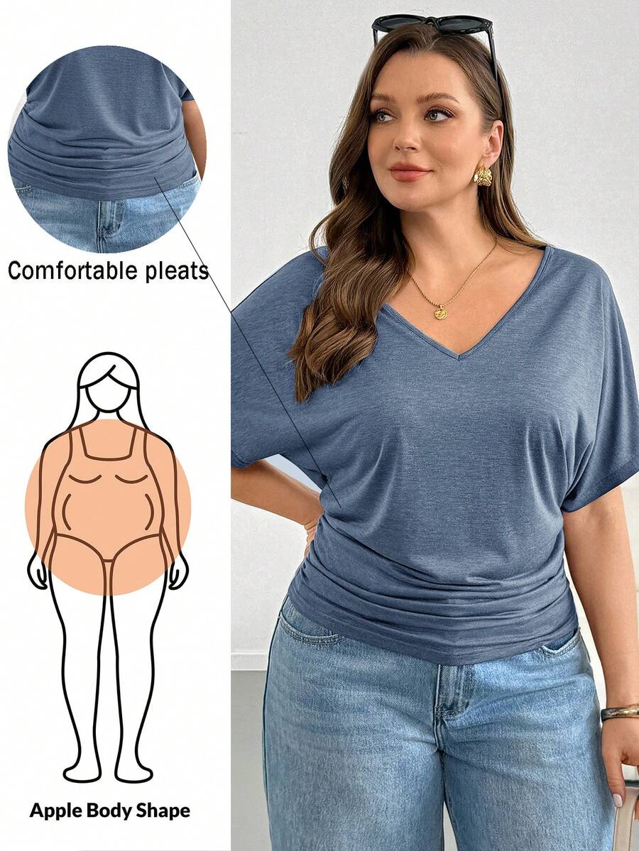 Shapeblank 大尺碼女款純色V領蝙蝠袖短袖抓皺休閒T恤