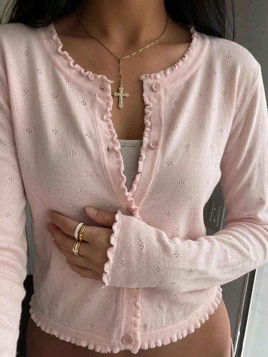FRIFUL Women's Solid Pink Ruffle Trim Loose Casual Versatile Cardigan - Beige - View 1