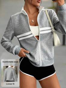 SHEIN Mesh Colorblock Patchwork Fashion Casual Sports Jacket, Suitable For Spring And Autumn Wear - Light Grey - View 3