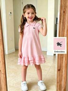 Genkimix Kids 1 buah Gaun Anak Perempuan Warna Pink Lengan Pendek Berkerah dengan Hiasan Rumbai di Bagian Bawah, 1 buah Gaun Anak Perempuan Warna Biru Lengan Pendek Berkerah, Dijual Satuan - MultiWarna - View 1