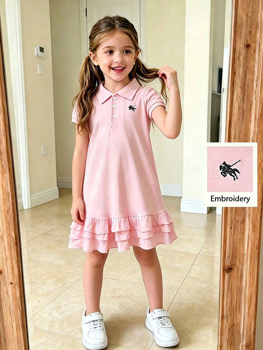 Genkimix Kids 1 buah Gaun Anak Perempuan Warna Pink Lengan Pendek Berkerah dengan Hiasan Rumbai di Bagian Bawah, 1 buah Gaun Anak Perempuan Warna Biru Lengan Pendek Berkerah, Dijual Satuan - MultiWarna - View 1