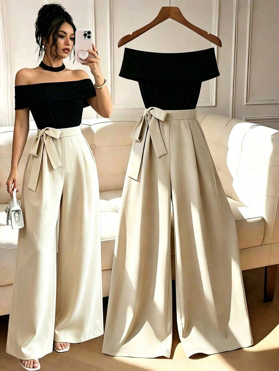 GlowEve CURVE Jumpsuit Wanita Ukuran Besar Elegan untuk Pesta Kasual dan Perjalanan, Desain Tali Simpul Pita Bahu Terbuka - Aprikot - View 1