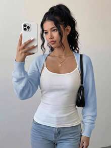 SHEIN Girlism 青少年女孩藍色短版羅紋針織紋理百搭休閒短開襟衫 防曬日常穿搭百搭開襟衫 - 藍色 - 查看 3