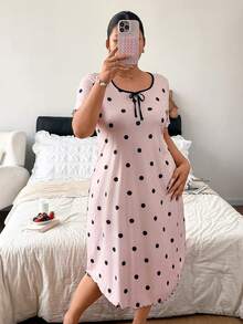 Napfluff CURVE Napfluff CURVE Váy ngủ size lớn tay ngắn viền bèo màu tương phản họa tiết chấm bi - Màu Hồng  San hô - Xem 1