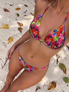 Vaclyn Women's Spring/Summer Random Print Halter Neck Metal Decor Bikini Set - Multicolor - View 5