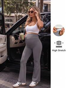 SHEIN Maternity Solid Color Adjustable Waist Casual Flare Leggings - Brown - View 1