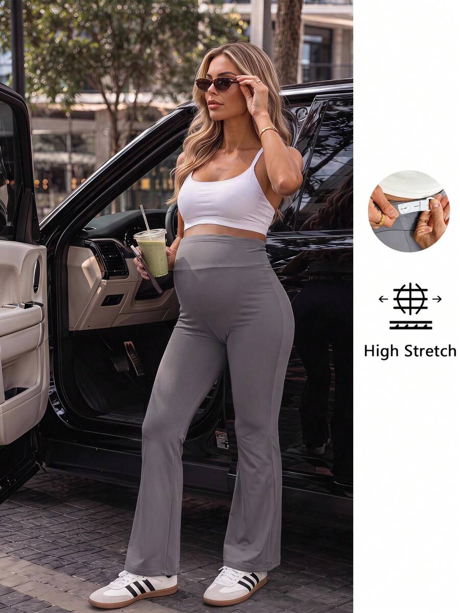 SHEIN Maternity Solid Color Adjustable Waist Casual Flare Leggings - Brown - View 1