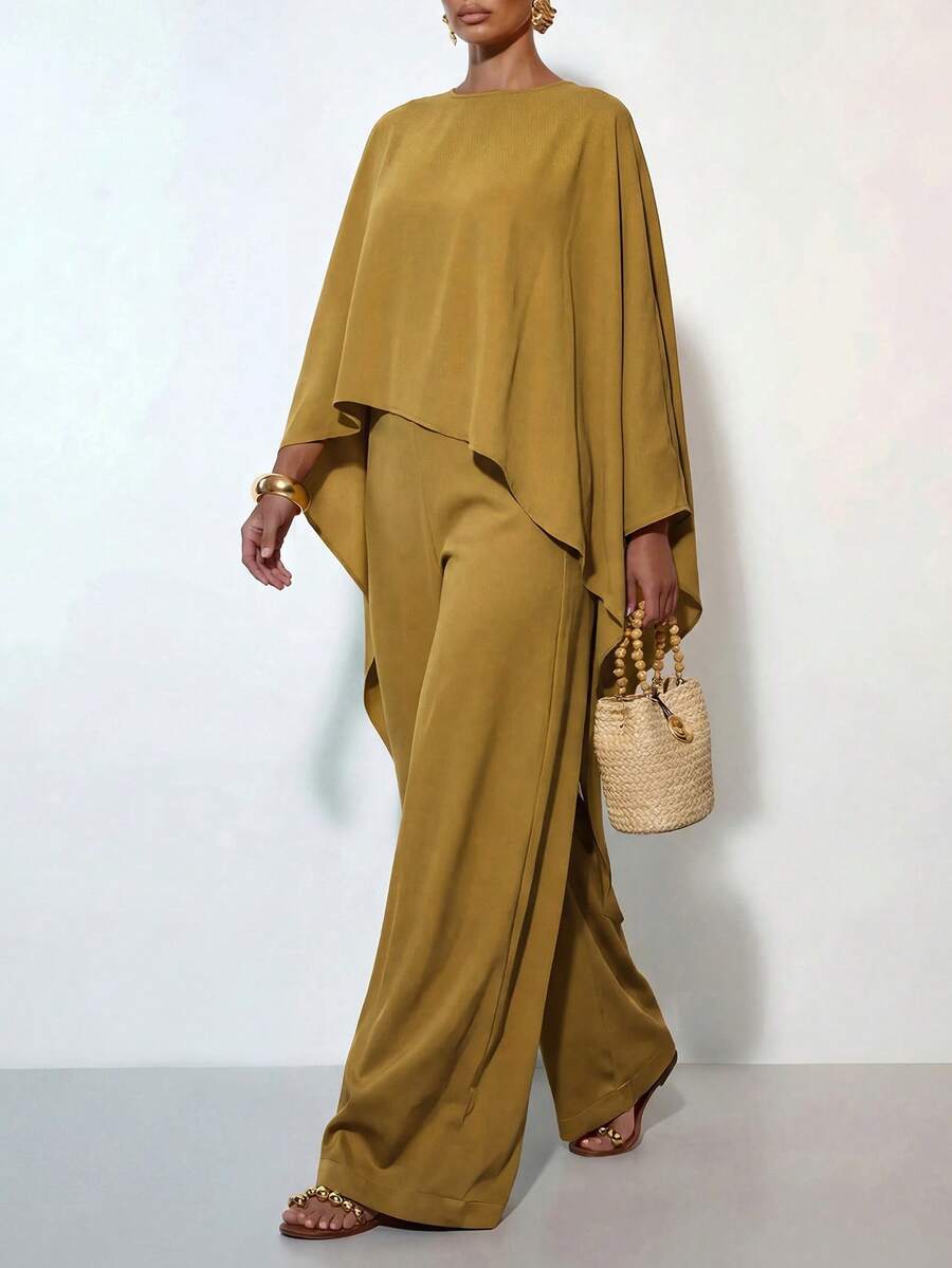 Zivah New Commuting Loose Cape Asymmetrical Top + Wide-Leg Trousers Women's Two Pieces Set - Mustard Yellow - View 1
