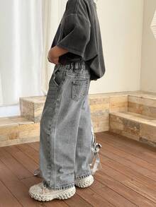SHEIN Little Byeori 小男孩休閒日常旅行牛仔褲，附口袋與鈕扣 - 淺灰色 - 查看 5