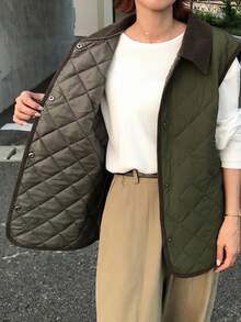 FRIFUL Women's Autumn Colorblock Diamond Quilted Padded Vest Jacket - Green - View 6